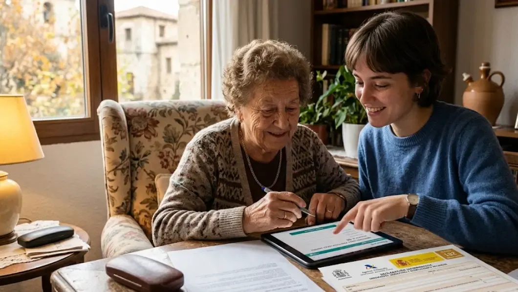 Persona mayor ayudando a configurar una donación online en una tablet, representando la accesibilidad del crowdfunding solidario