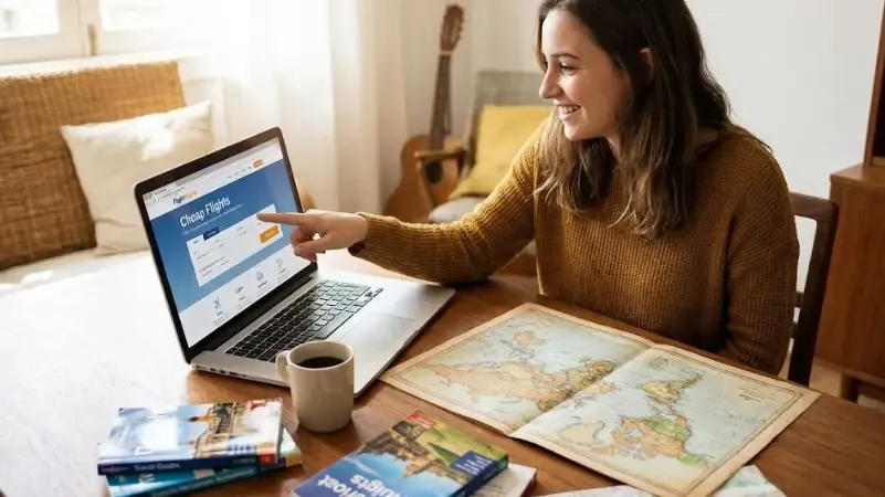 Persona relajada con su portátil en el sofá usando un buscador de vuelos con un mapamundi en pantalla