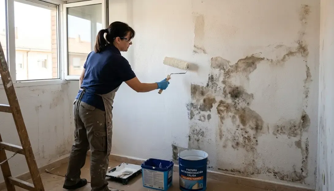 Persona aplicando pintura anticondensación con un rodillo en una pared interior antes manchada de humedad