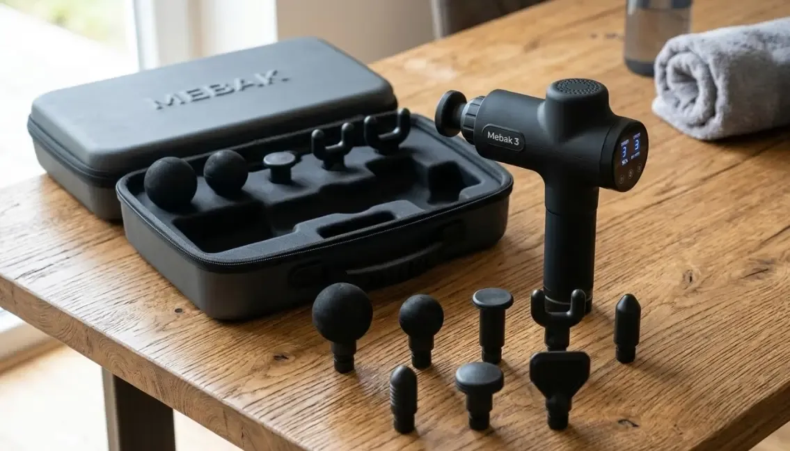 Pistola de masaje muscular Mebak 3 en color negro mate junto a su estuche de viaje y 7 cabezales intercambiables sobre una mesa de madera
