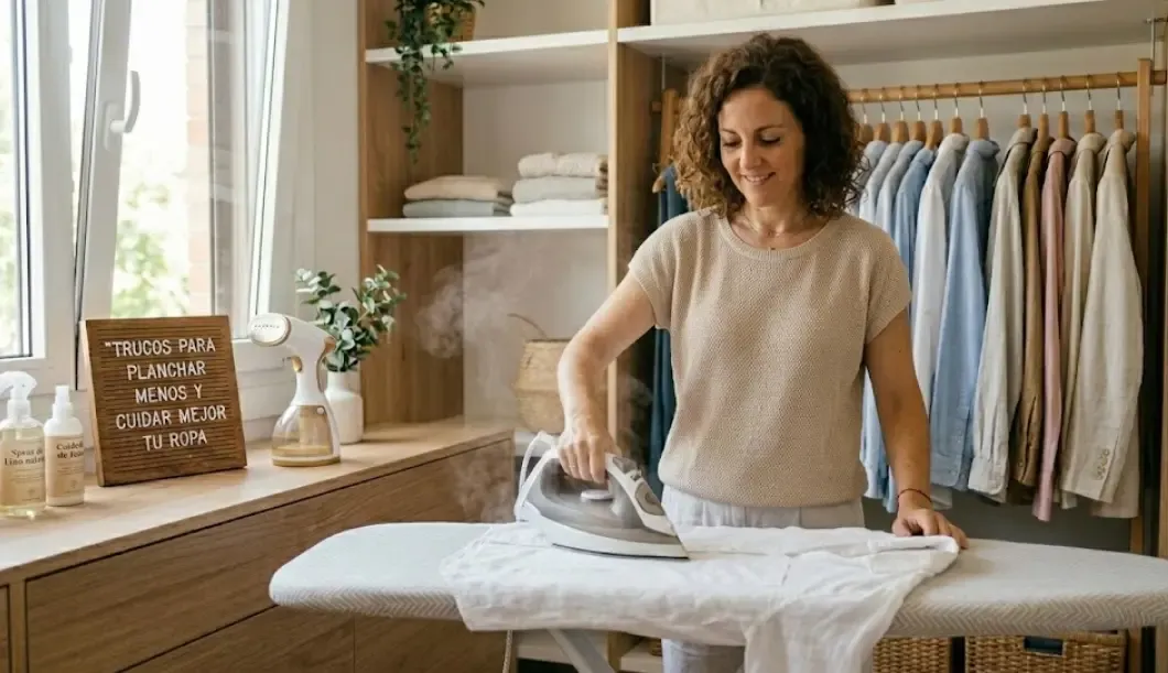 Persona planchando una camisa de algodón con una plancha de vapor sobre una tabla forrada
