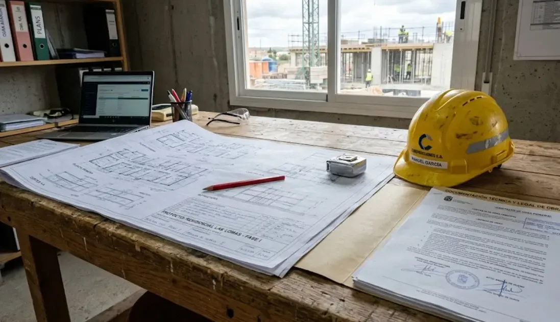 Planos arquitectónicos desenrollados sobre una mesa junto a un casco de seguridad amarillo y documentos legales de obra