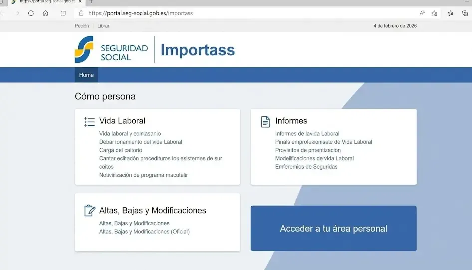 Captura de pantalla del portal Importass de la Seguridad Social