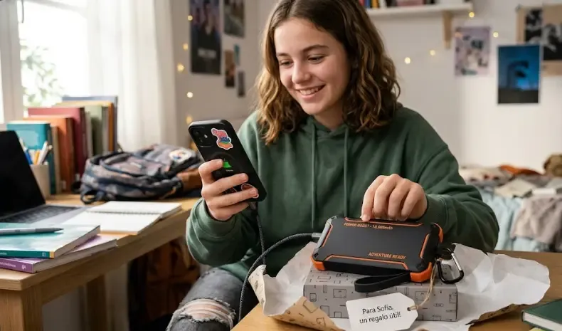 Power bank de color rosa junto a un smartphone, mostrando el tamaño compacto para llevar en el bolso o mochila