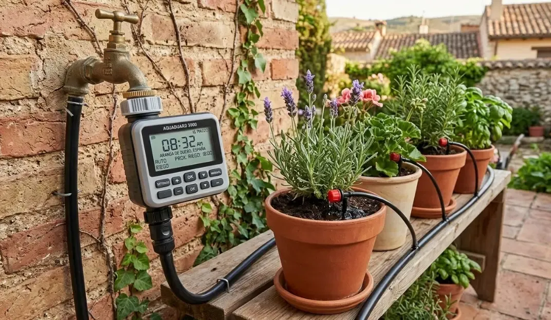 Un programador de riego digital conectado a un grifo exterior con un tubo de goteo negro saliendo hacia unas macetas