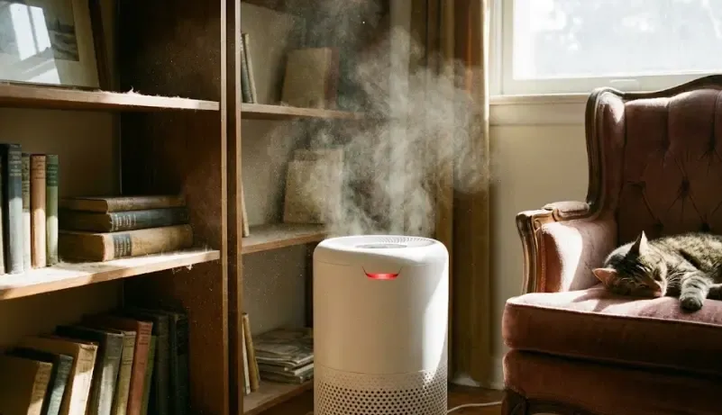 Purificador de aire moderno en un salón atrapando partículas de polvo invisibles