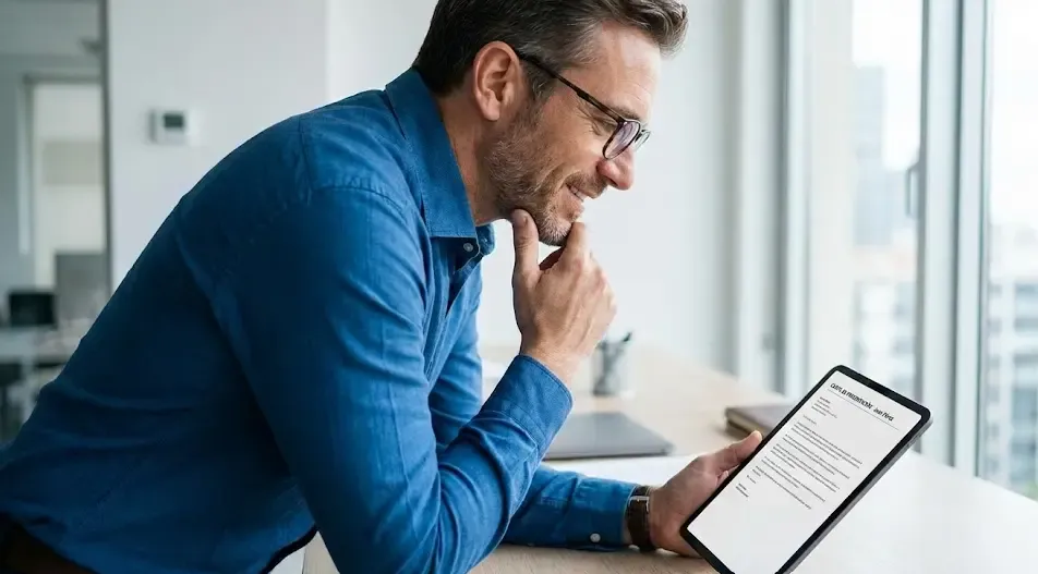 Reclutador leyendo con interés una carta de presentación en una tablet