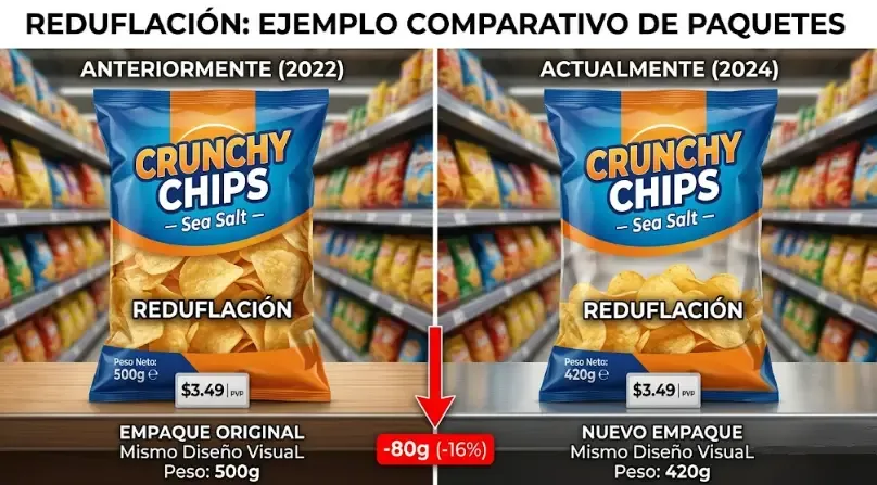 Ejemplo de reduflación: dos envases iguales con distinta cantidad de producto pero mismo precio