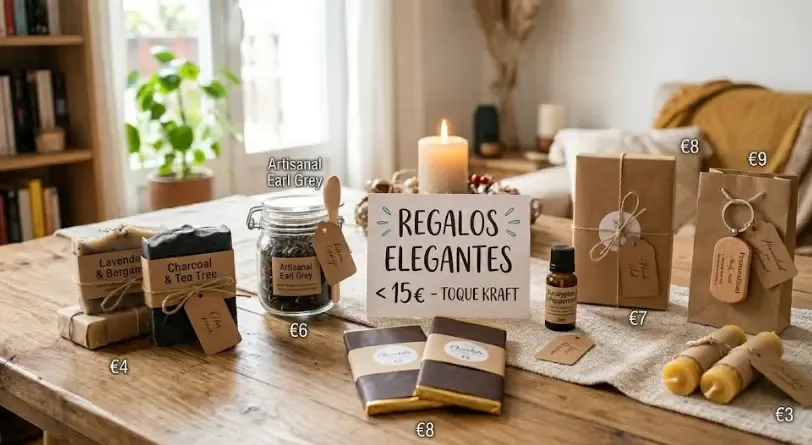 Bodegón de regalos sencillos y elegantes envueltos en papel kraft