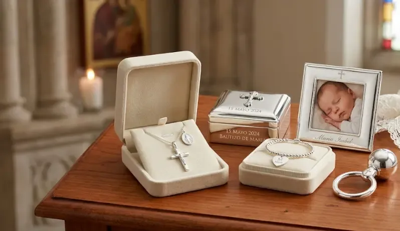 Un par de zapatos de bebé blancos junto a una medalla de oro y una vela de bautizo decorada