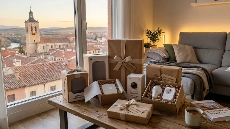 Bodegón tecnológico con un enchufe inteligente, un Apple AirTag enganchado a unas llaves de casa y un teléfono móvil