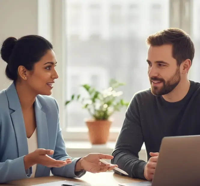 Dos compañeros de trabajo resolviendo un conflicto con actitud positiva y dialogando en la oficina