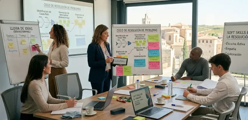 Un profesional frente a una pizarra blanca llena de diagramas y notas adhesivas intentando resolver un problema complejo