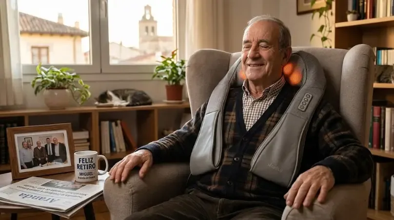 Respaldo masajeador Shiatsu ergonómico negro colocado sobre un sillón cómodo del salón de una casa