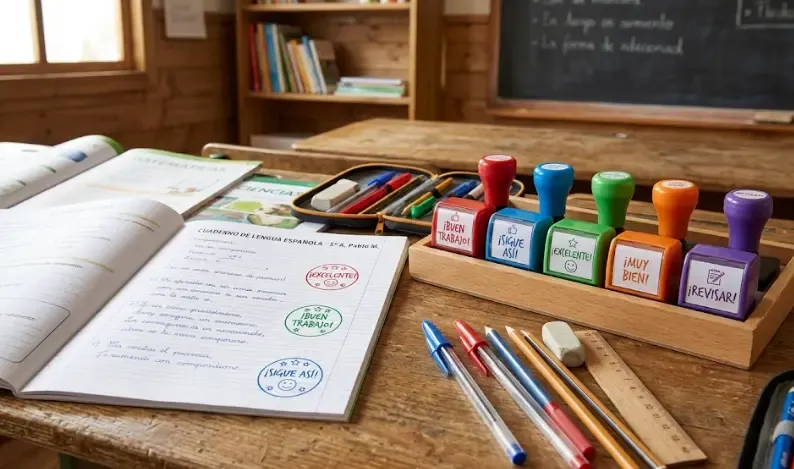 Set de sellos de corrección con mensajes como "¡Buen trabajo!", "Sigue así", "Excelente" sobre una mesa con libretas escolares