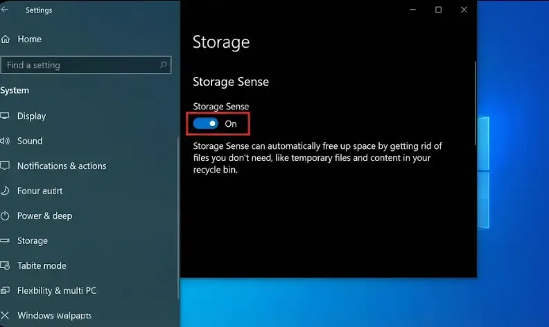 Captura de pantalla de la configuración de almacenamiento de Windows 10 mostrando el sensor activado