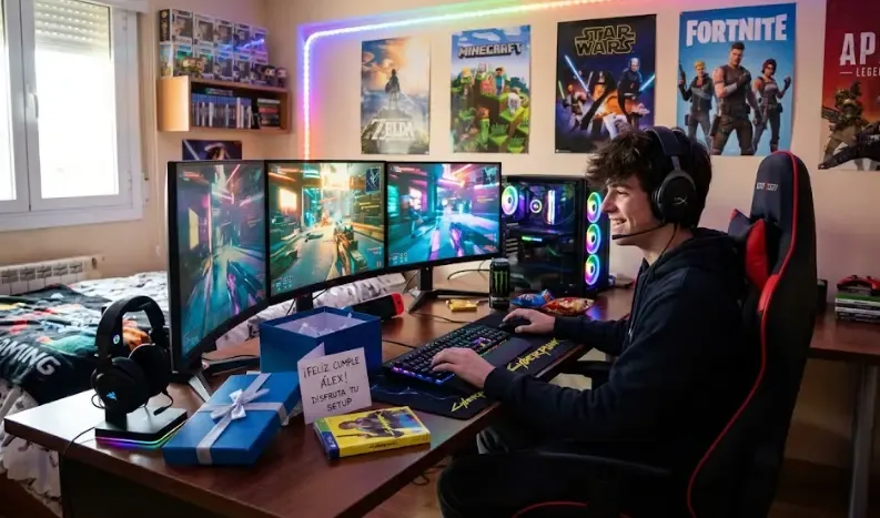 Escritorio de un adolescente con iluminación LED rosa y azul, teclado mecánico y auriculares inalámbricos de diadema