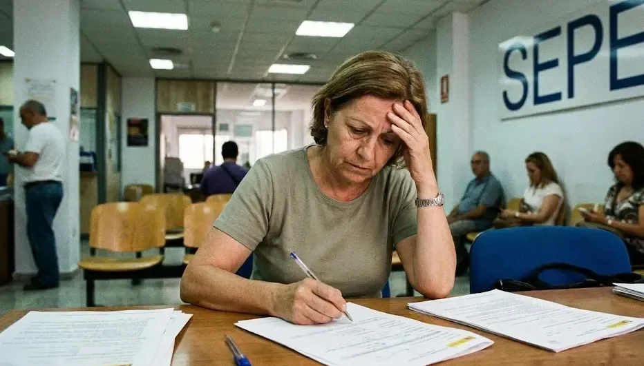 Persona rellenando papeles en una oficina del SEPE con gesto serio
