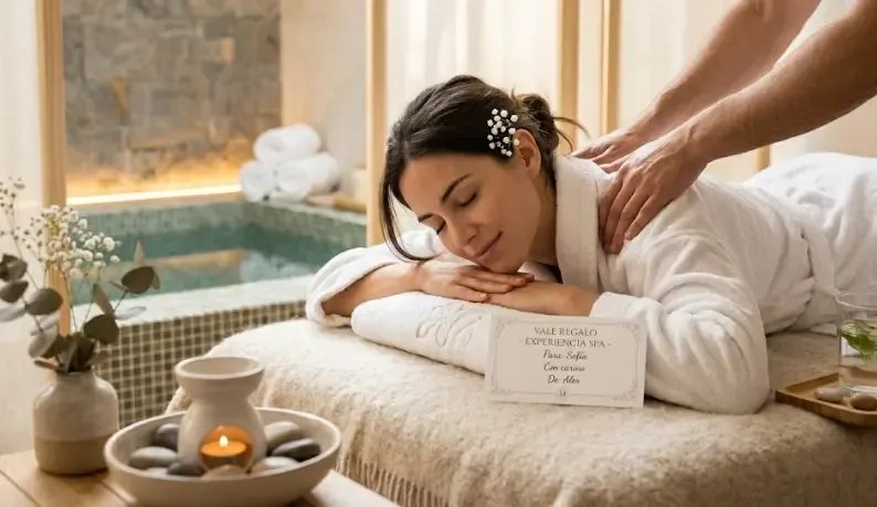 Mujer en un spa de lujo con toalla blanca y taza de té, rodeada de velas y piedras, en un ambiente de relajación