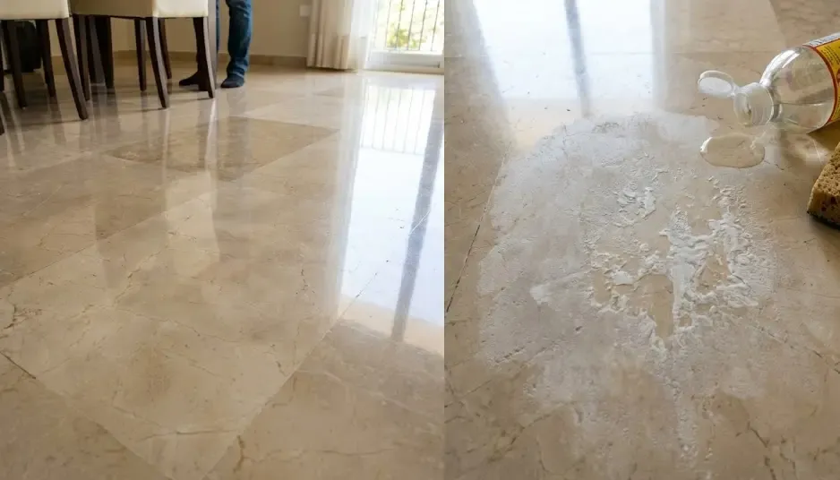 Diferencia entre suelo de mármol con brillo y zona mate por ataque ácido