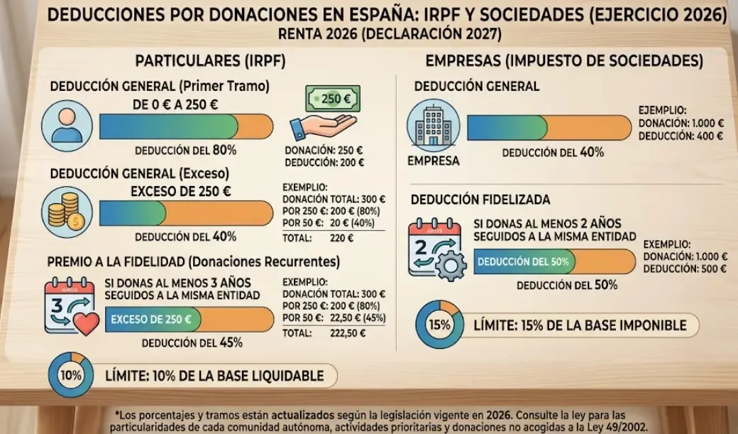 Tabla visual con los porcentajes de deducción por donaciones en España 2026