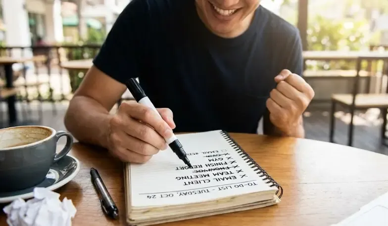 Persona tachando tareas completadas en una libreta con satisfacción