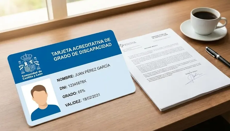 Imagen de una tarjeta acreditativa de discapacidad genérica junto a un informe médico