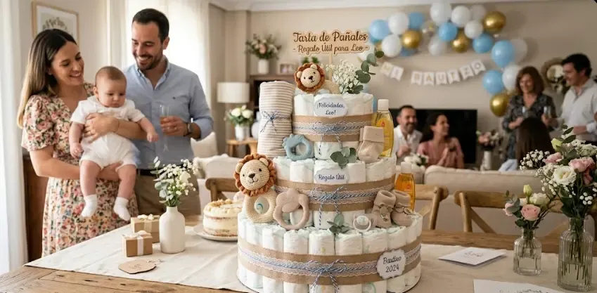 Un espectacular detalle de una tarta de pañales de tres pisos decorada con lazos azules y un suave oso de peluche en la cima