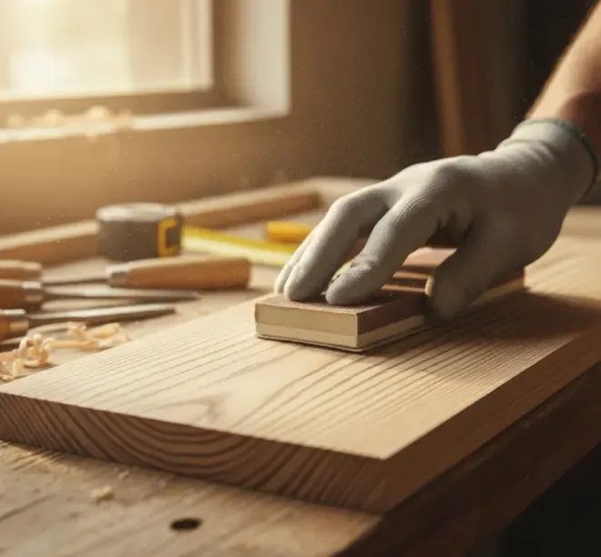 Detalle de una mano lijando suavemente una superficie de madera natural siguiendo la veta