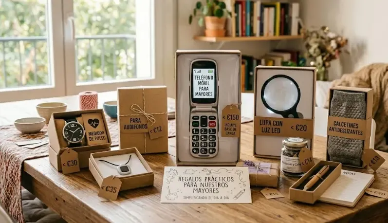 Un teléfono móvil diseñado para personas mayores, con teclas físicas muy grandes y un botón SOS de emergencia rojo en la pantalla