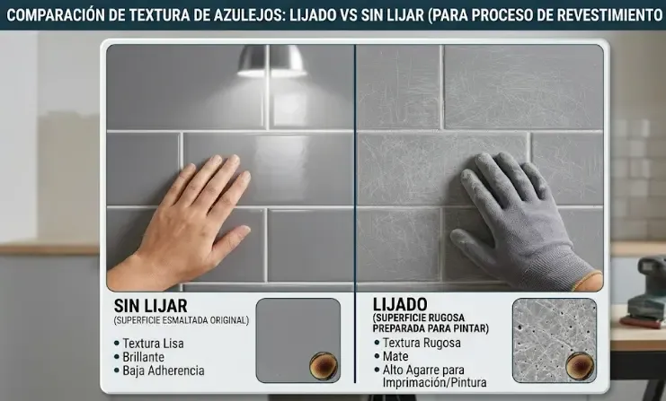 Textura de azulejo lijado vs sin lijar mostrando la diferencia de agarre para pintura