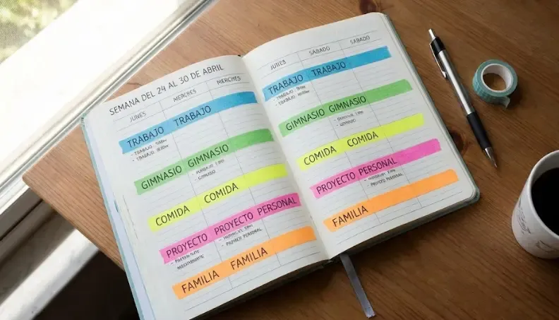 Imagen de una agenda semanal con bloques de colores organizando el tiempo