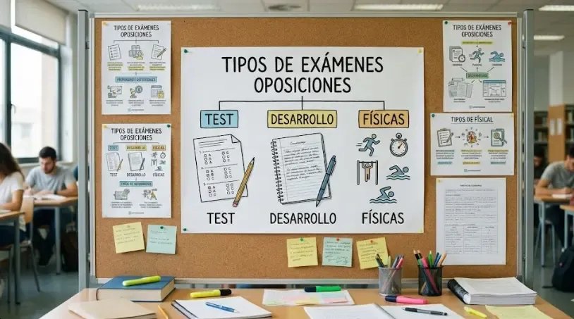 Iconos representando los diferentes tipos de exámenes de oposiciones: test, desarrollo, físicas y casos prácticos