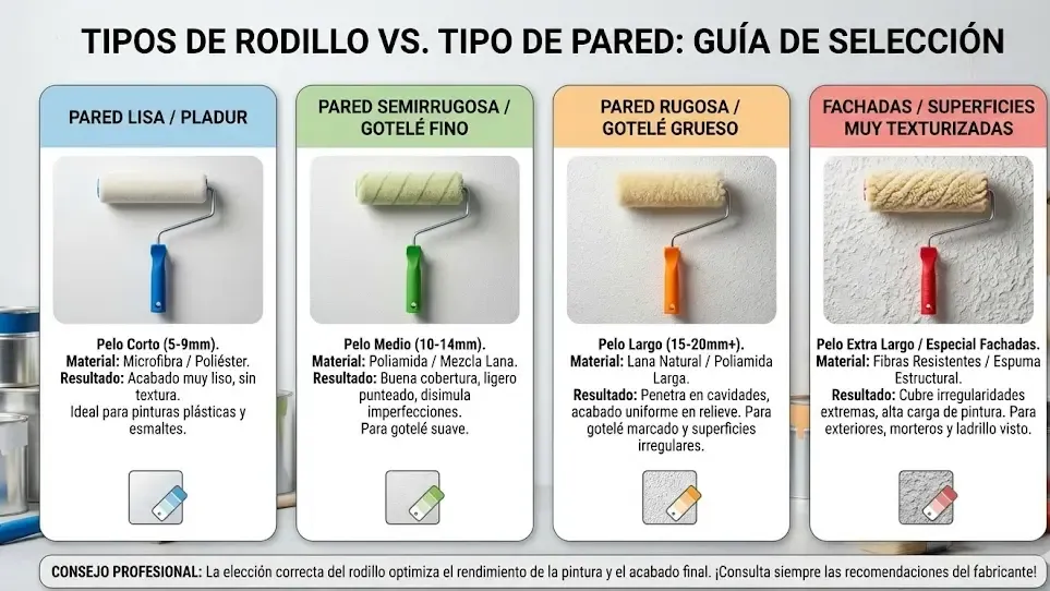 Infografía comparativa de rodillos según el tipo de pared