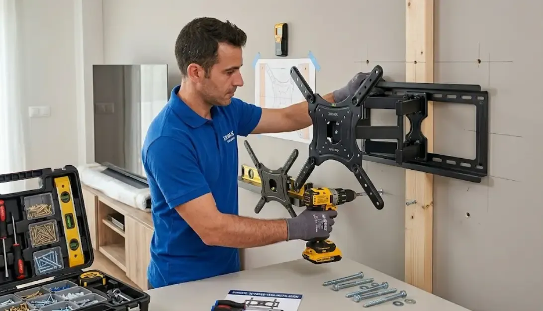 Diferentes tipos de soportes metálicos negros para televisión alineados: fijo, inclinable y articulado