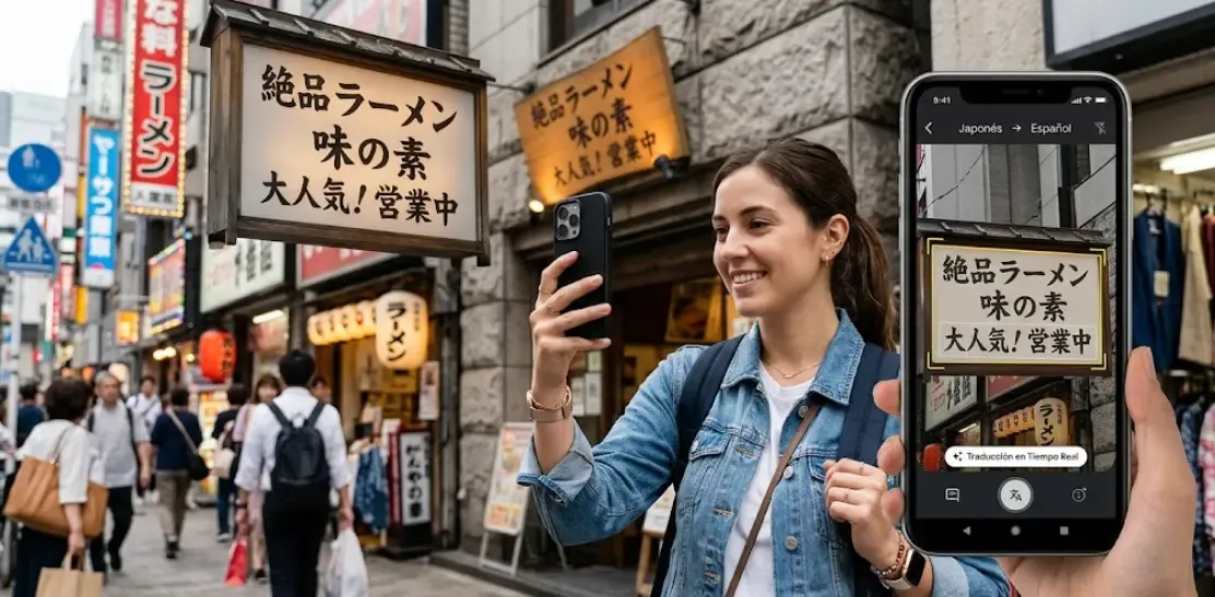Persona usando la cámara del móvil para traducir un cartel en tiempo real