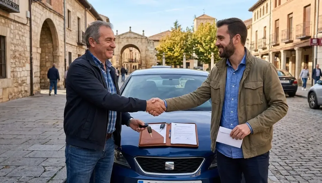 Dos hombres estrechando la mano sobre el capó de un coche tras firmar un contrato de compraventa