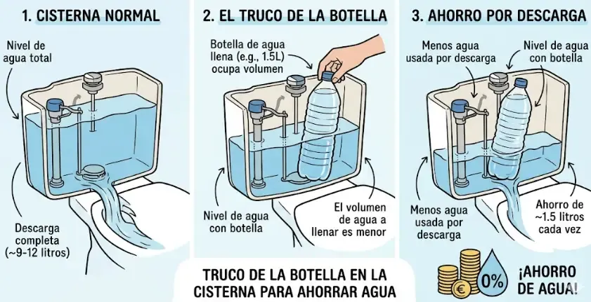 Truco de la botella dentro de la cisterna para ahorrar agua