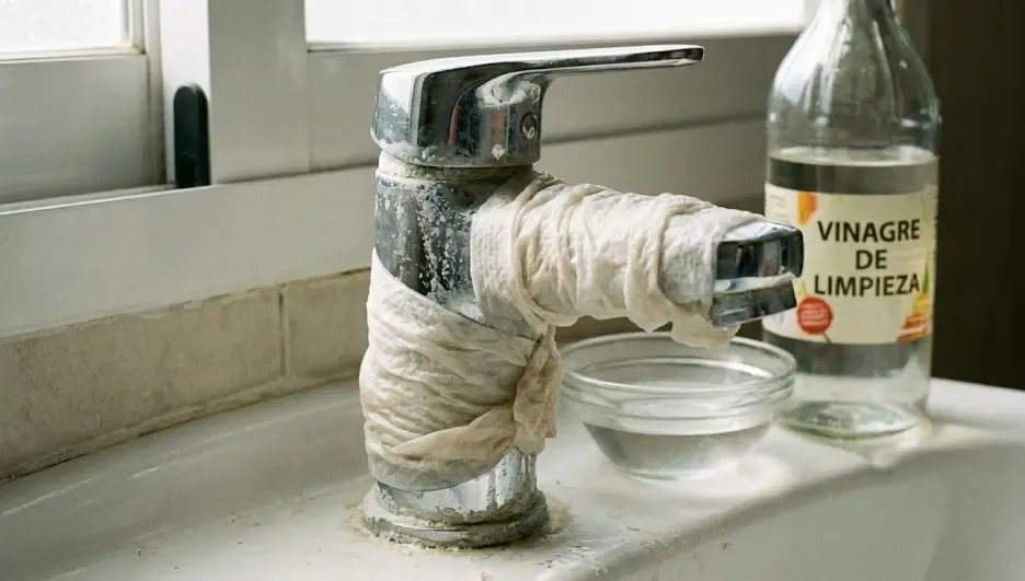 Foto de un grifo envuelto en papel con vinagre para quitar la cal