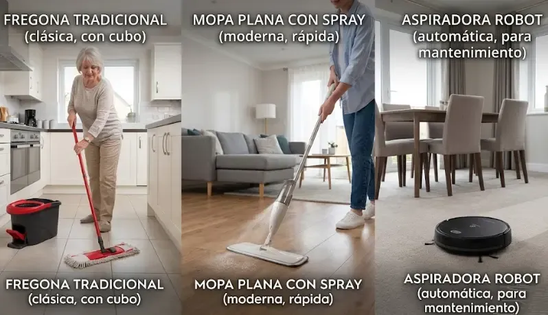 Comparativa de utensilios de limpieza: fregona tradicional, mopa plana y aspiradora robot