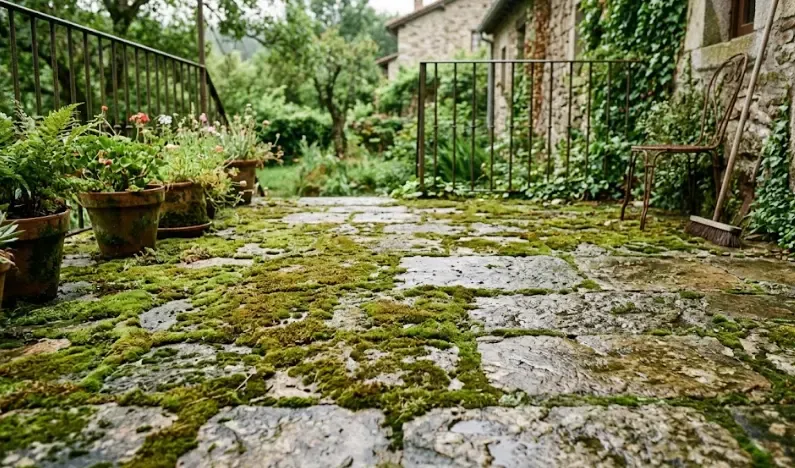 Verdín en suelo de terraza de piedra natural