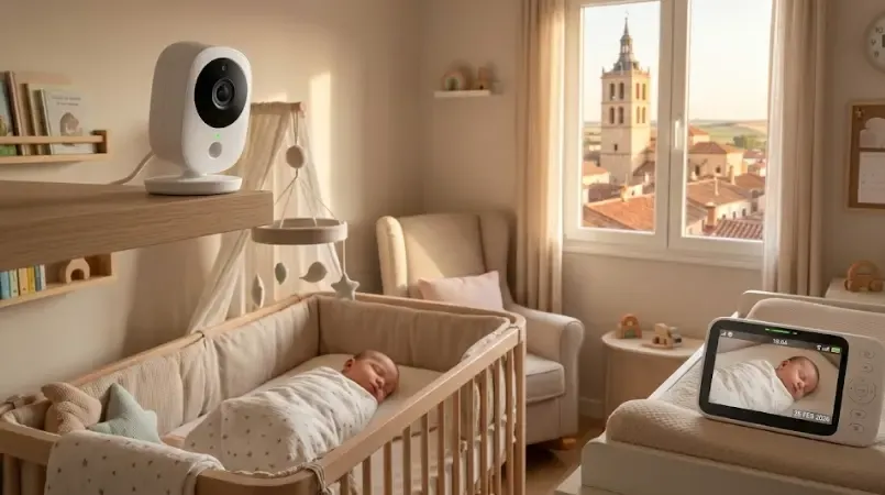 Un vigilabebés moderno con cámara y luz nocturna colocado sobre una estantería en una habitación de bebé decorada